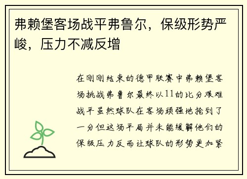 弗赖堡客场战平弗鲁尔，保级形势严峻，压力不减反增