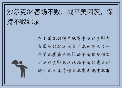 沙尔克04客场不败，战平美因茨，保持不败纪录